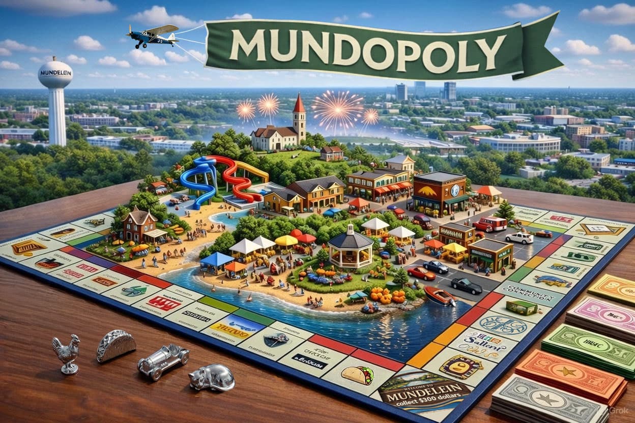Mundopoly board game - Mundelein Edition featuring local businesses and landmarks